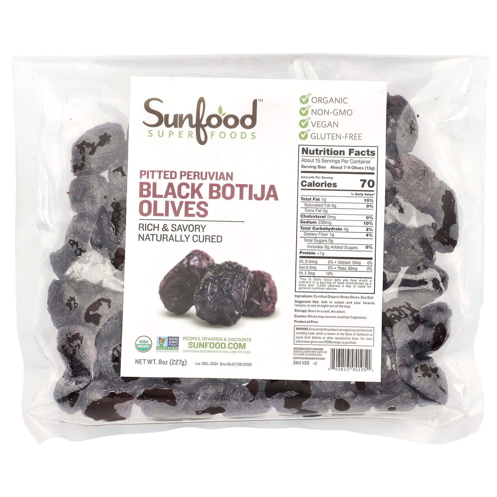 Sunfood, Botija, черные перуанские оливки без косточек, 227 г (8 унций)