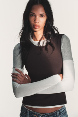 ZARA ФУТБОЛКА С ЭФФЕКТОМ ТРОЙНОГО СЛОЯ И ДЛИННЫМИ РУКАВАМИ, КОРИЧНЕВЫЙ