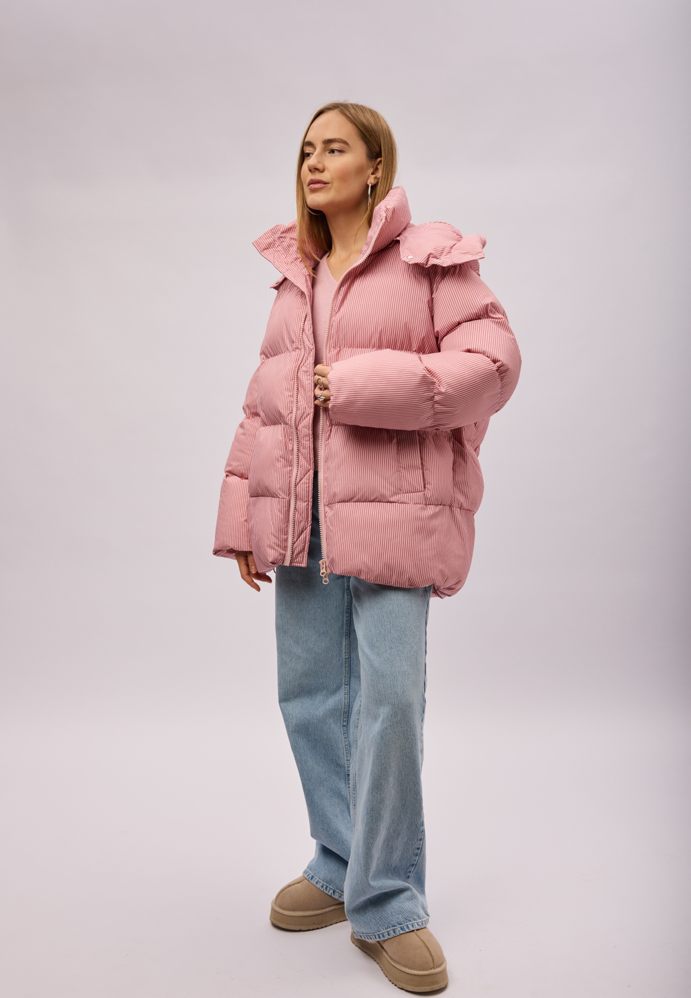 Пуховик Рокет миди розовый в полоску
