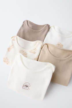 ZARA НАБОР ИЗ ПЯТИ БОДИ С ПРИНТОМ СОБАЧЕК, РЫЖЕВАТО-КОРИЧНЕВЫЙ