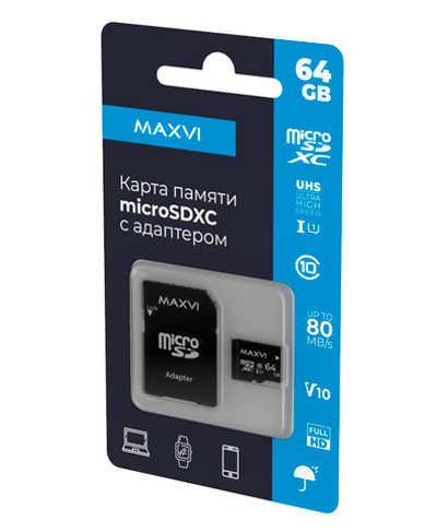 Карта памяти Maxvi microSDXC 64GB, class 10, UHS-I (1), V10 (MSD64GBC10V10)