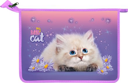 Папка для труда 2 отделения А4 на молнии Канцбург Игривый котенок, пластик/ламинат с блёстками