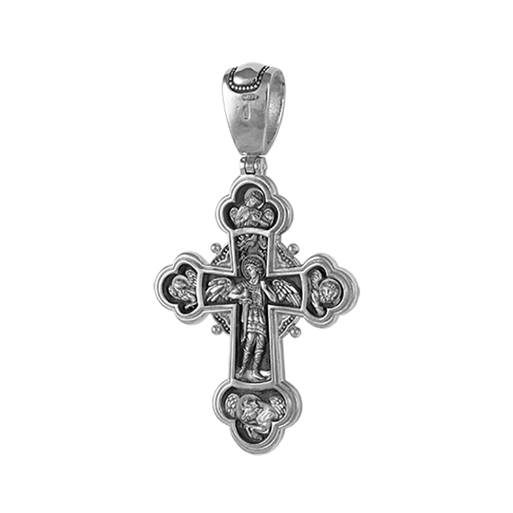 Православный крест двусторонний с Распятием Христовым и святыми. Серебро 925°