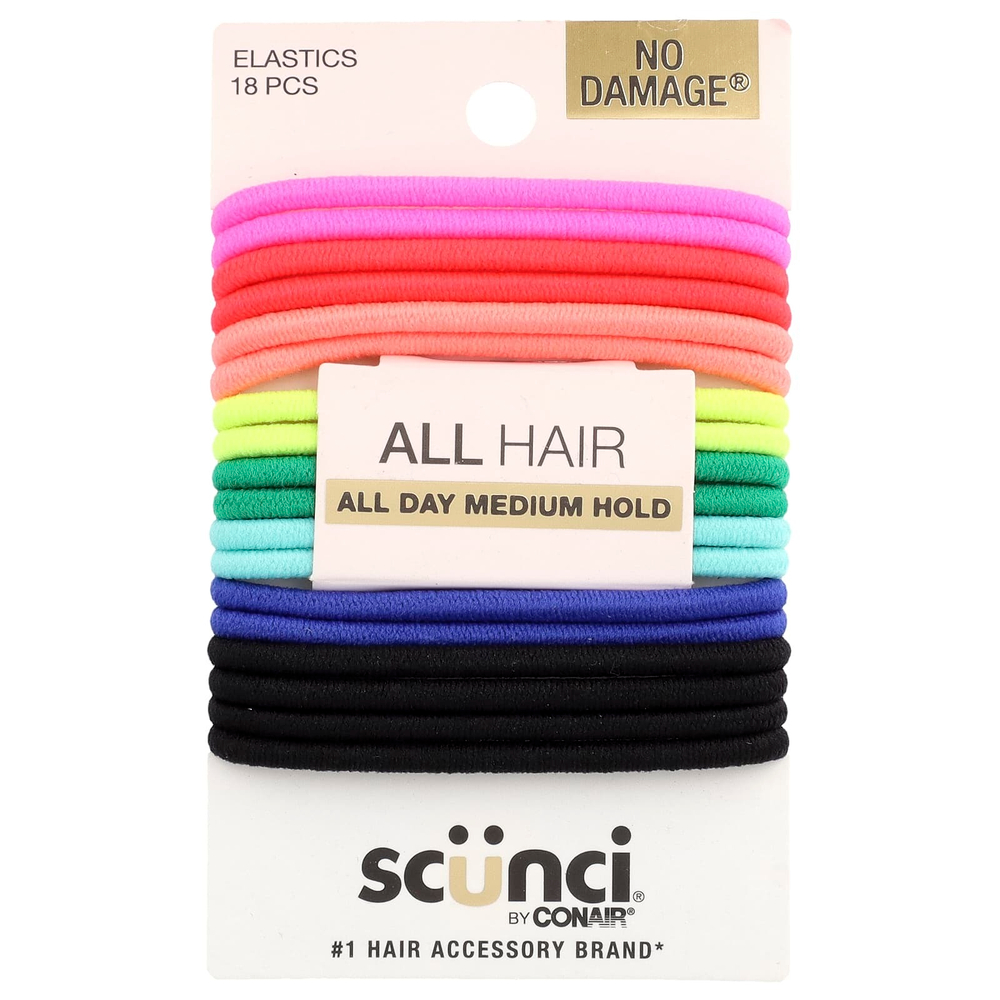 Scunci, Резинки No Damage®, для всех волос, средней фиксации, разные цвета, 18 шт.