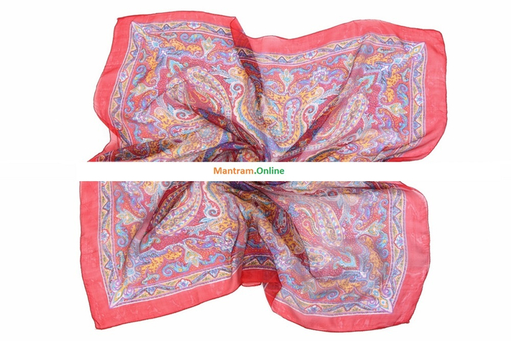 Платок материал Шелк 100% Плотный узор цвет голубой горчичный фиолетовый на красном с красной каймой 100x100см.