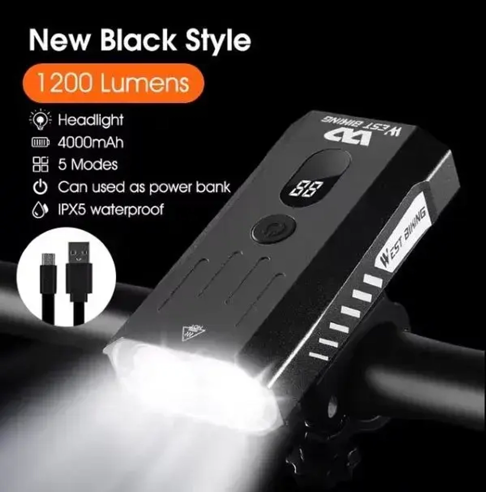 Фонарь велосипедный, передний West Biking YP0701315 (аккум. 4000 mAh, USB)