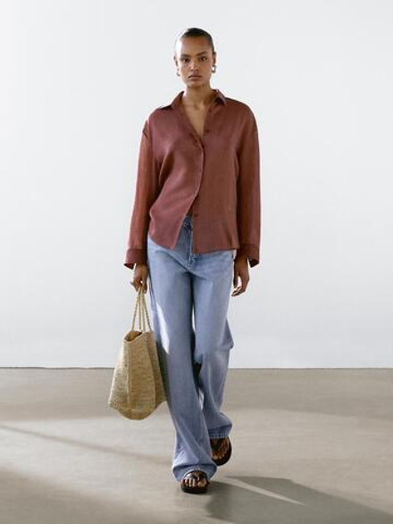 Massimo Dutti Рубашка свободного кроя из смесовой ткани рами, розовый