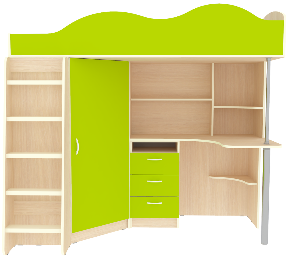 Кровать-чердак КарИВи Пионер с деревянной лестницей  Дуб Молочный Лайм