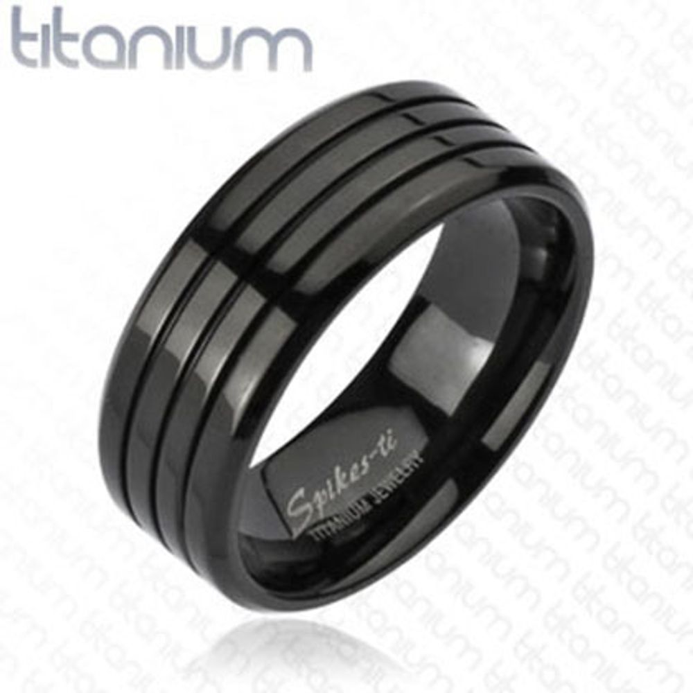 Титановое чёрное мужское кольцо с рисками SPIKES R-TM-3142M