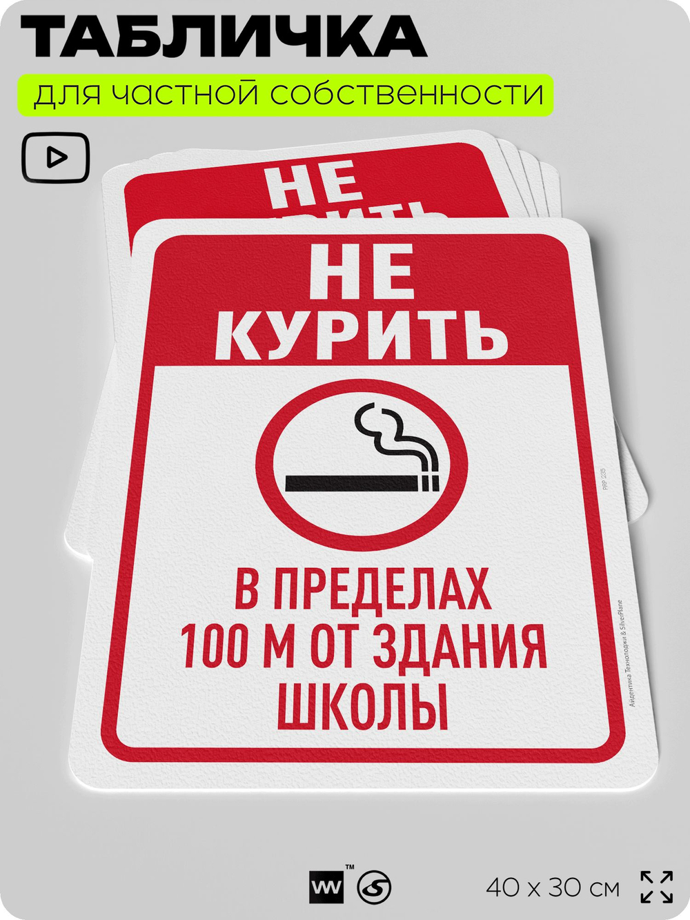 Табличка для частной территории "Не курить в пределах 100 м от здания школы", на дом, для участка, для подъезда, организаций и частных территорий, 40х30 см, Silver Plane x Айдентика Технолоджи