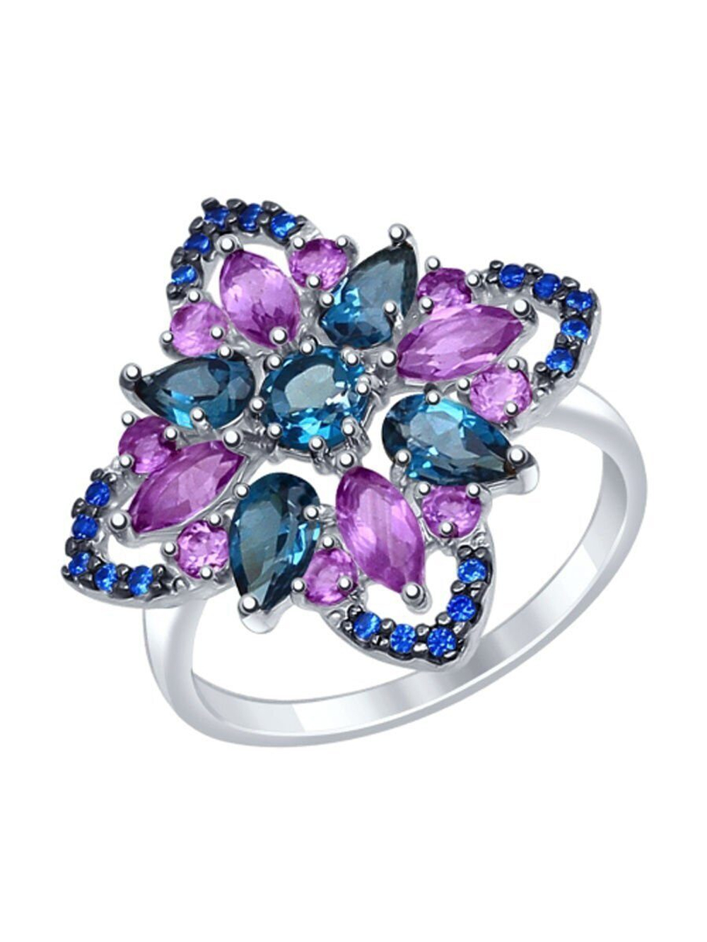 Кольцо из серебра 925 с фианитами, аметистами и топазами. Размер 16,5.