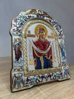 Покрова БМ, икона арочная с рамкой, белое дерево, эмаль 167х228