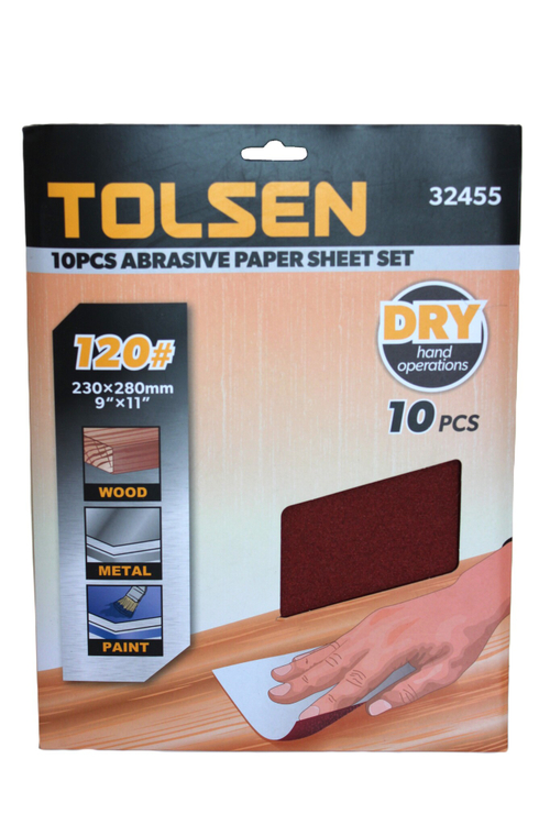 Шлифлист на бумажной основе TOLSEN P120 оксид алюминия 230х280мм 10шт. 32455