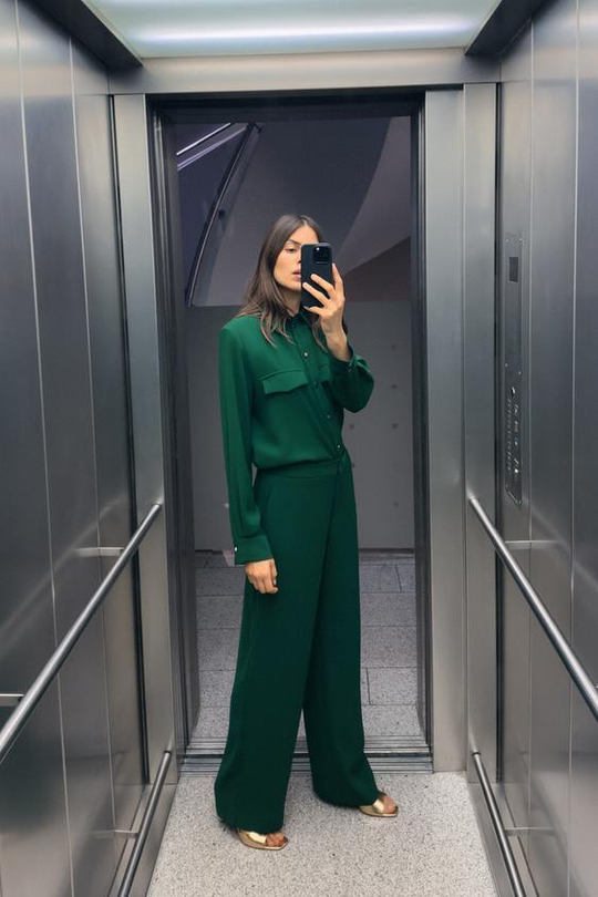 ZARA БРЮКИ ПРЯМОГО КРОЯ ИЗ КРЕПА, БУТЫЛОЧНО-ЗЕЛЕНЫЙ