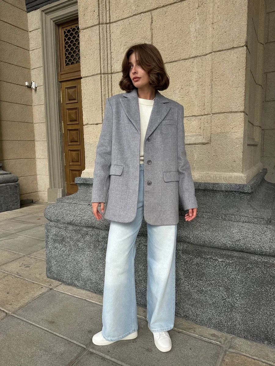 Пальто из смесовой шерсти укороченное в серую елочку