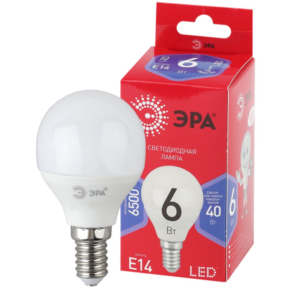 Лампа светодиодная ЭРА RED LINE LED P45-6W-865-E14 R 6Вт шар холодный дневной свет E14 | Лампы cветодиодные Шар (G/P)