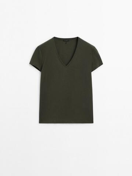 Massimo Dutti Хлопковая футболка с V-образным вырезом, хаки