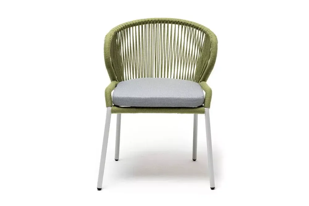 "Милан" стул плетеный из роупа, каркас алюминий светло-серый (RAL7035) муар, роуп салатовый меланж круглый, ткань светло-серая