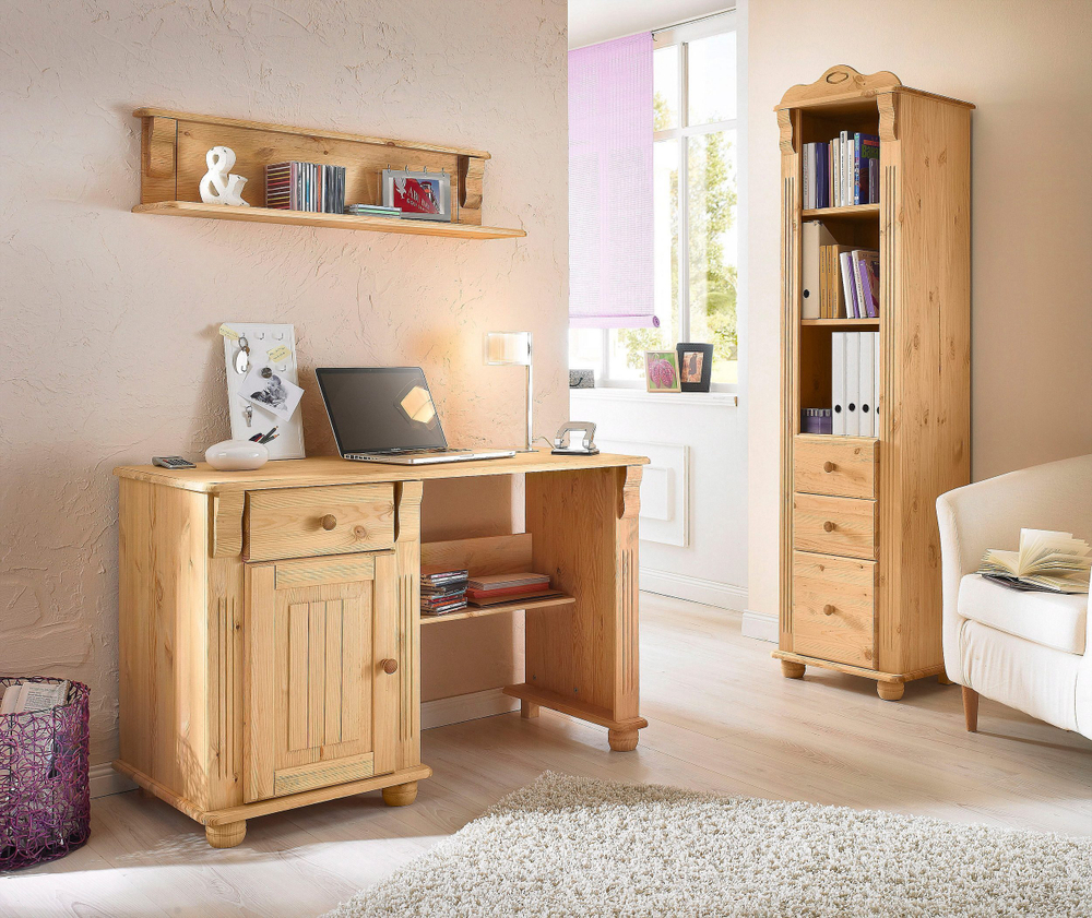 Письменный стол Адель с ящиком, тумбой и полкой из массива сосны, бейц