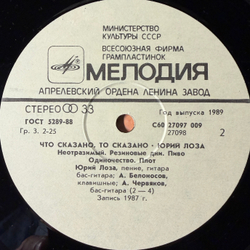 Виниловая пластинка Юрий Лоза – Что Сказано, То Сказано (Мелодия) LP