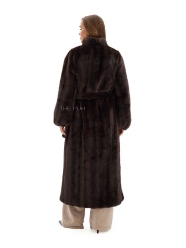 Длинная шоколадная шуба из эко-меха