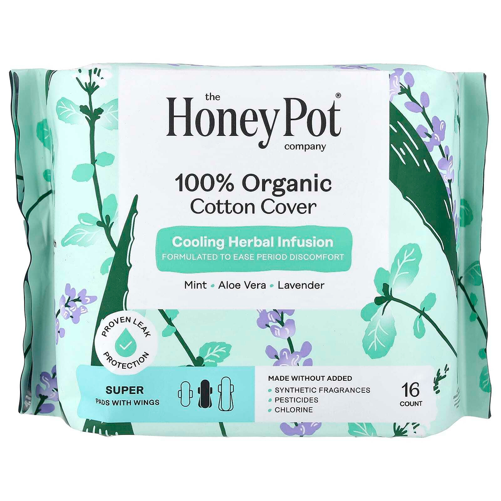 The Honey Pot Company, органический охлаждающий травяной настой, подушечки с крылышками, супер, 16 шт.