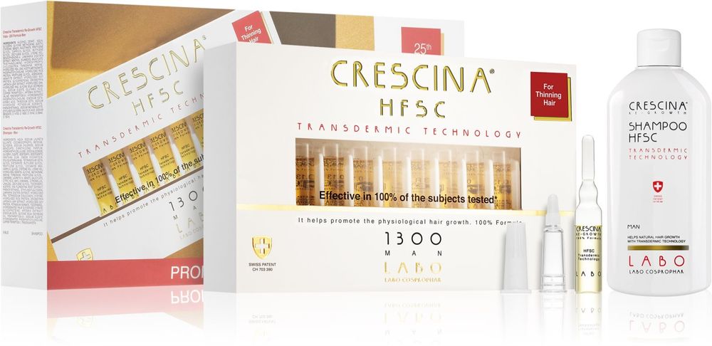 Crescina Hair growth treatment for men 20x3. 5 ml + anti-Hair loss shampoo for men 200 ml Transdermic 1300 Re-Growth
