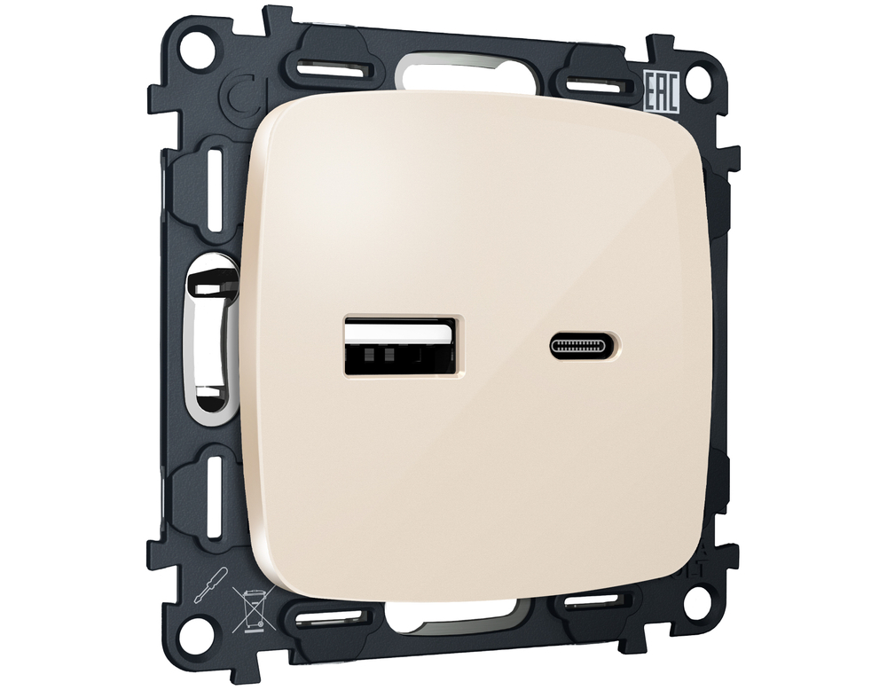 MO311010 Комплект механизма розетки OMEGA Бежевый глянец 2USB A+C 20W (быстрая зарядка) QUANT (OP3110, VM177)