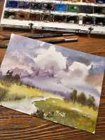 Картина акварельная авторская в паспарту 21х30 см на стену для интерьера "Летний пейзаж"