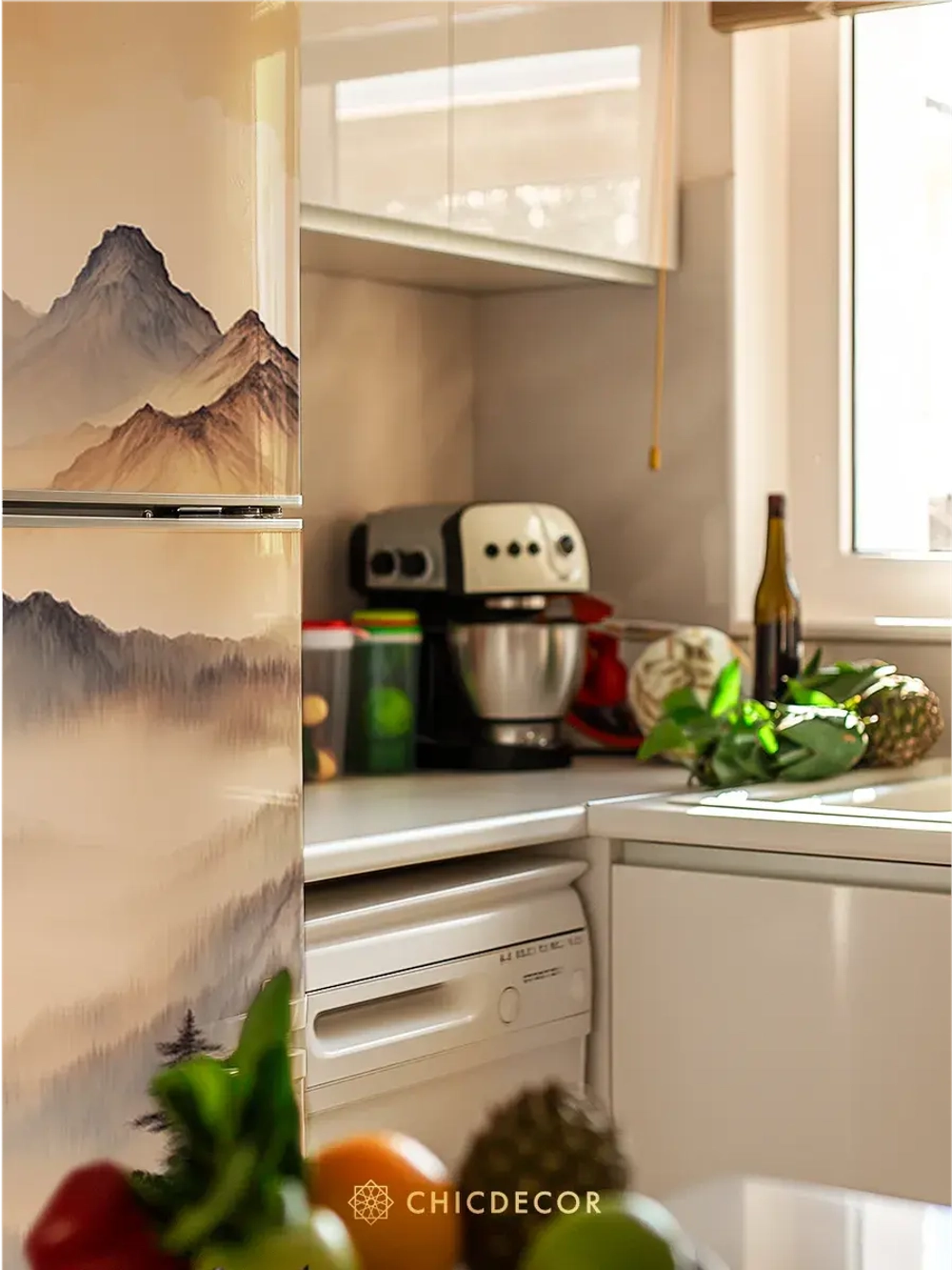 Наклейка на холодильник большая Горы в бежевых тонах