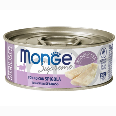 Monge supreme влажный корм для стерилизованных кошек из тунца с морским окунем, консервы 80 г