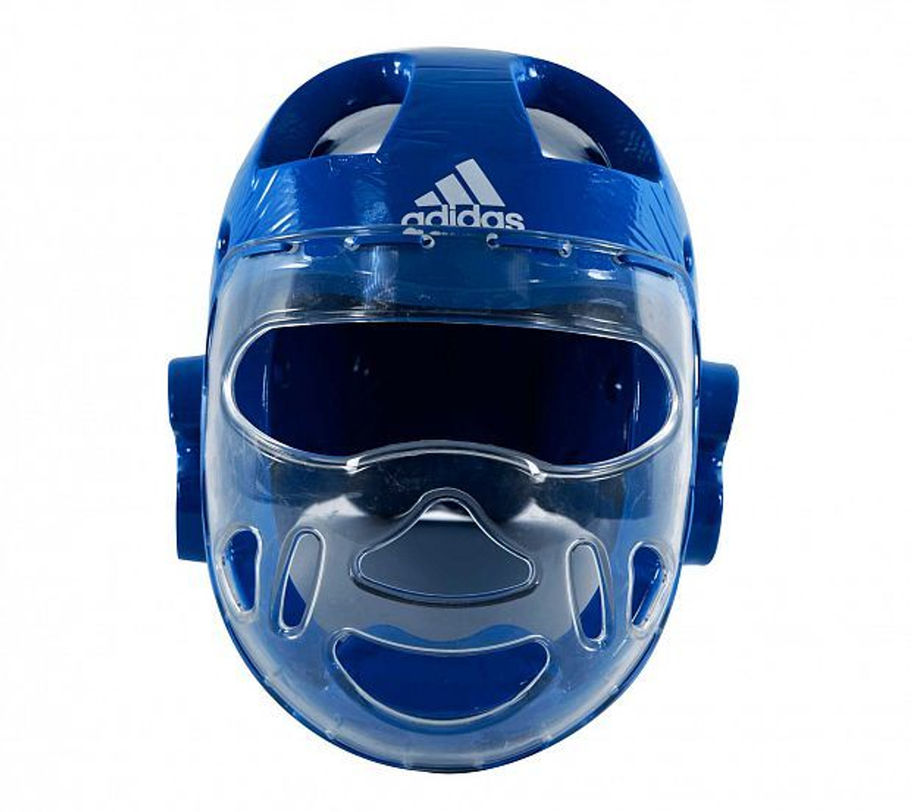 Шлем для тхэквондо Adidas с защитной маской синий. Вид спереди.