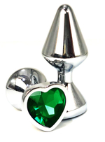 Серебристая анальная пробка с зеленым кристаллом-сердцем - 8 см. (Цвет: зеленый)