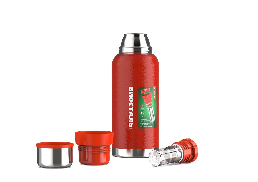 Термос Biostal Охота (1 литр), 2 чашки, с ситечком, красный