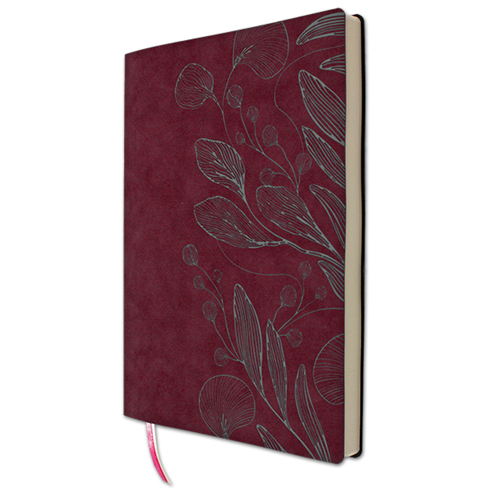 НОВИНКА! Бизнес-тетрадь А4 в клетку LEAVES, 128 листов, гибкая обложка из бархатистой экокожи нубук  (цвет винный) с тиснением рисунка красной матовой фольгой