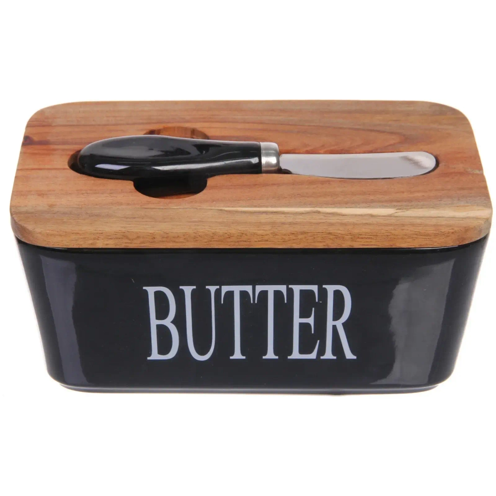 Масленка керамическая «White magic» 16,5*10*8см с крышкой из акации и ножом для масла, черная