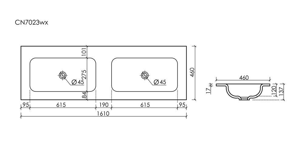 Раковина накладная мебельная CERAMICANOVA Grace прямоугольная 1610x457x137 с двумя чашами без отверстий под смеситель цвет белый CN7023wx