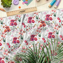 Ткань дюспо полевые цветы и сиреневые маки на бежевом фоне