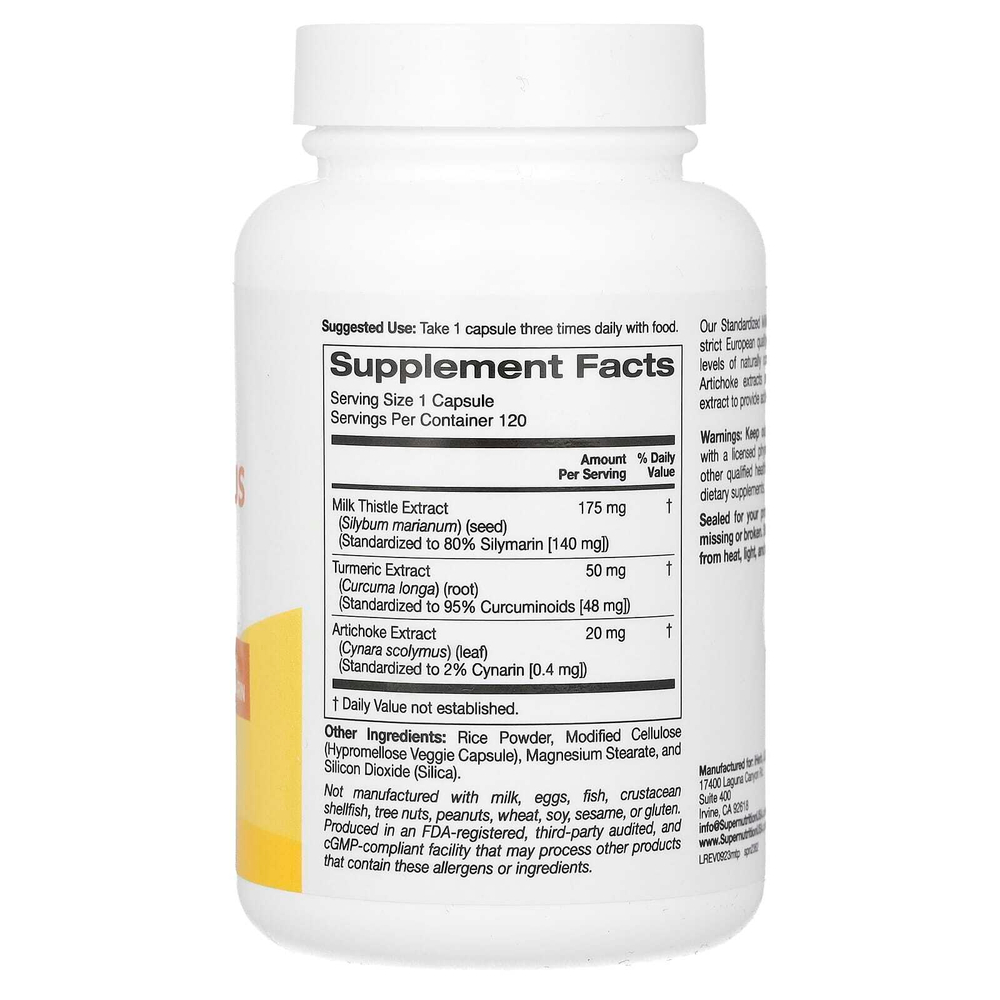 Super Nutrition, Milk Thistle Plus, расторопша с экстрактами куркумы и артишока, 175 мг, 120 растительных капсул