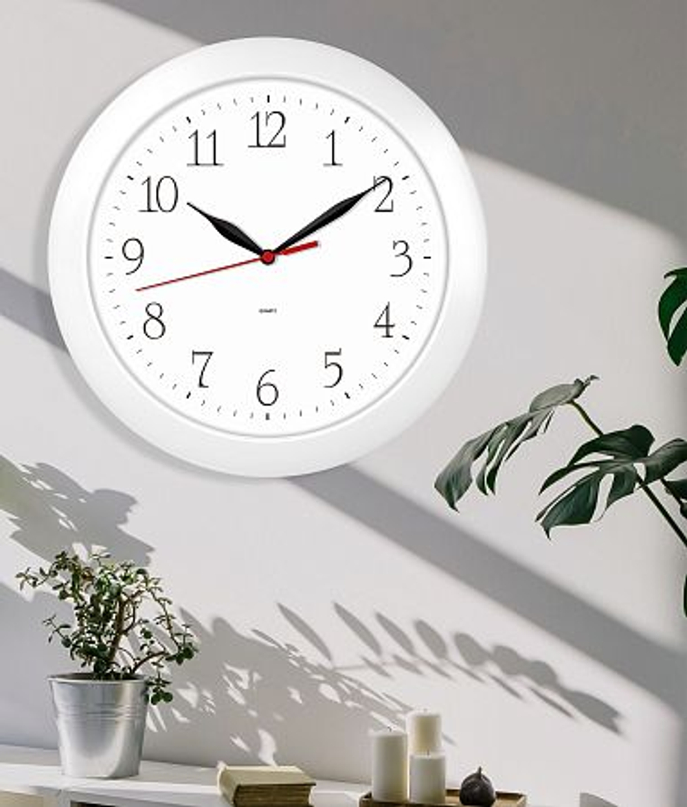 Часы настенные, модель 01, диаметр 290 мм, стекло пластиковое, пластиковый обод, цвет-белый.