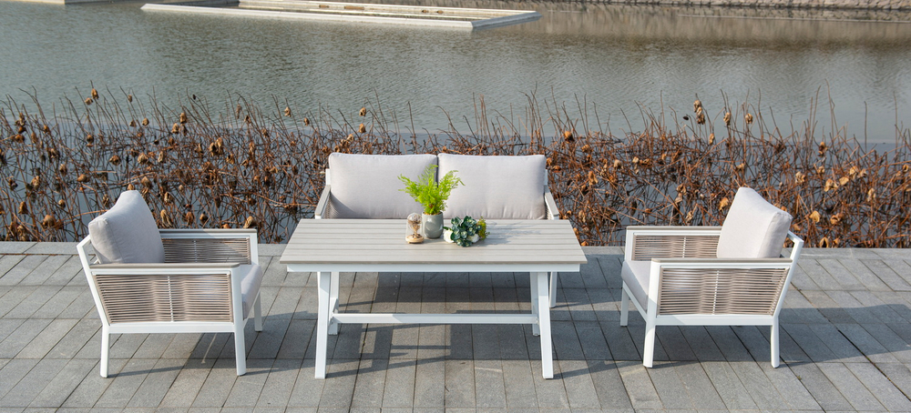 "Сан Ремо" диван 2-местный плетеный из роупа, каркас алюминий белый, роуп бежевый, ткань бежевая