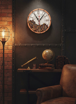 Интерьер в стиле стимпанк с настенными часами WOODandROOT Automaton Bite 1695 — индустриальная атмосфера, свет и движение механизма