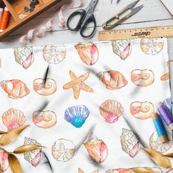 Ткань бязь разноцветные ракушки и морские звёзды