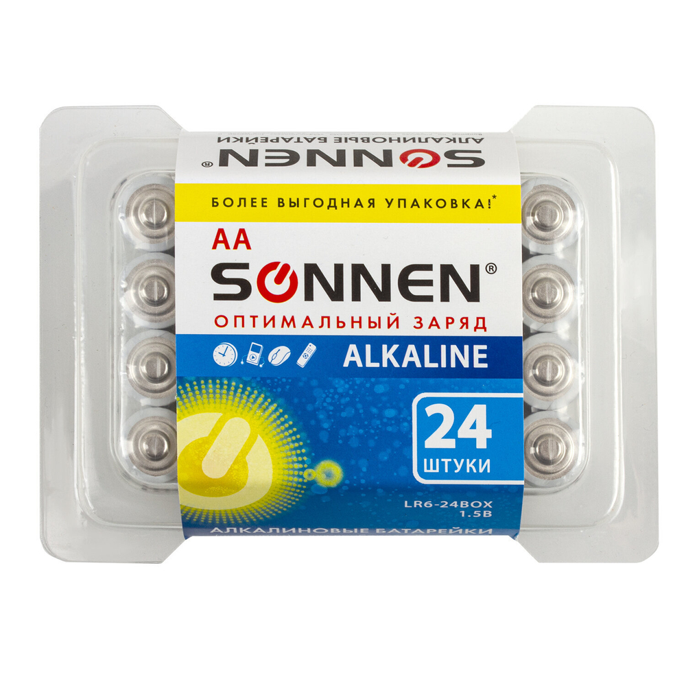 Батарейки комплект 24 шт. SONNEN Alkaline АА(LR6 15А) алкалиновые пальчиковые короб (2 штуки в упаковке)