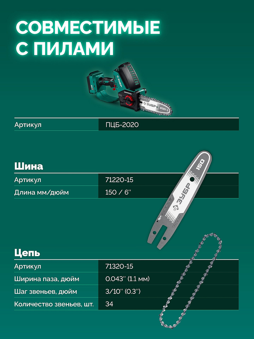 ЗУБР тип 20, 15 см, шаг 3/10″, паз 1.1 мм, 34 звеньев, цепь (71320-15)