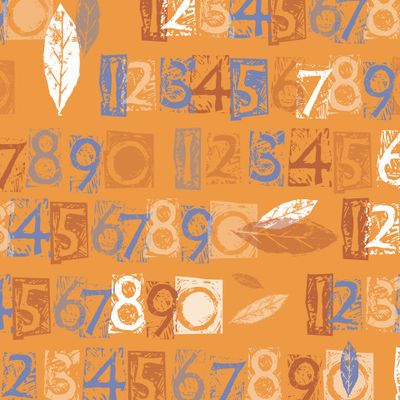 Цифры и листики на светло-оранжевом (линогравюра)