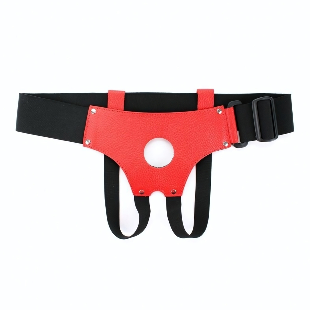 Красно-черные кожаные трусики для насадок (Размер: S-M) (Цвет: красный с черным)