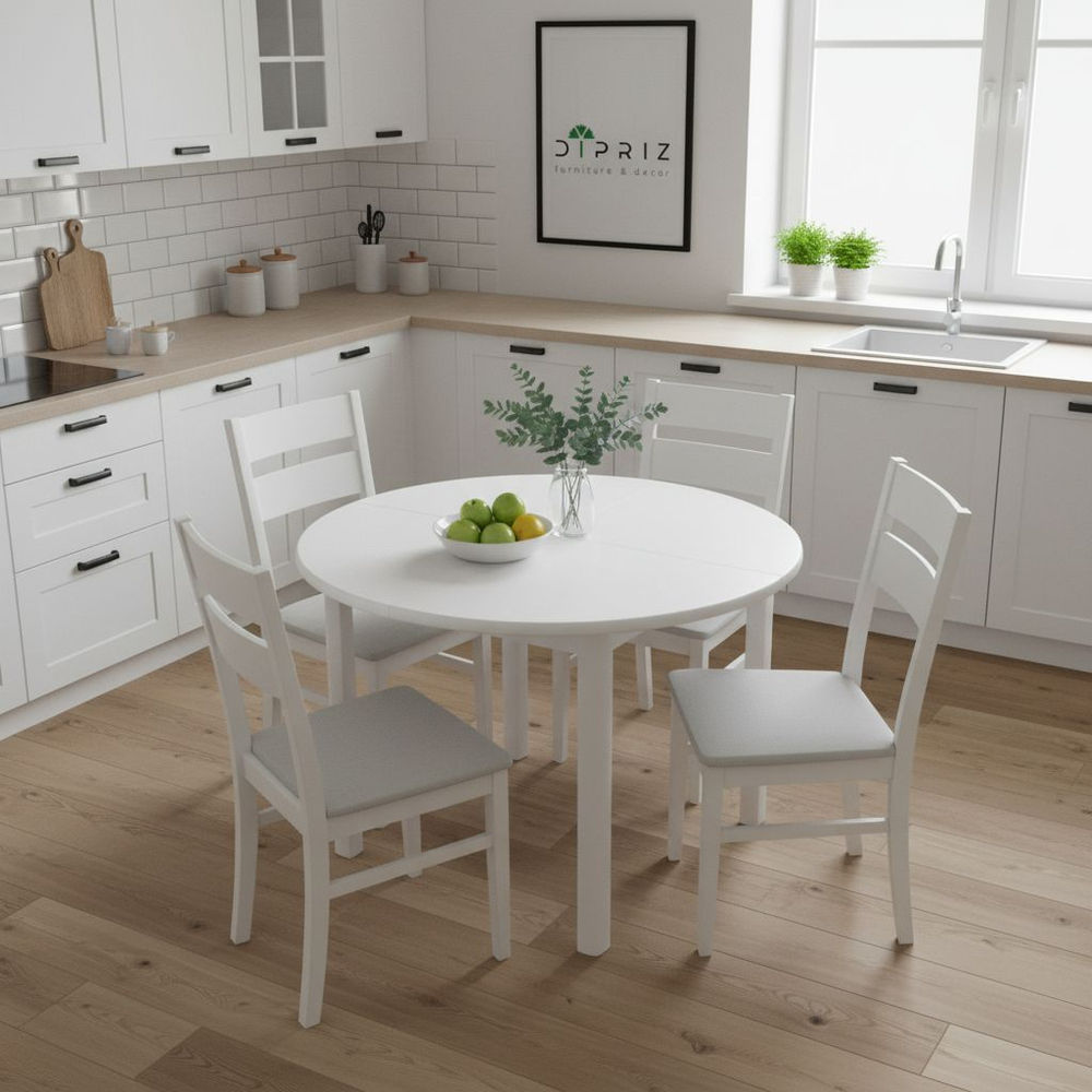 Стол кухонный 100х100х73, Вестфалия, круглый, раздвижной, столовый, в гостиную, массив сосны, Диаметр 140 см, белый воск, Dipriz