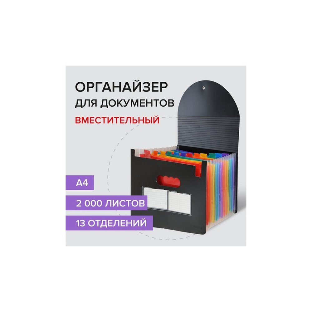 Папка-органайзер для бумаг и документов на резинке, 13 отделений, BRAUBERG DOCS, А4, черная, 271152