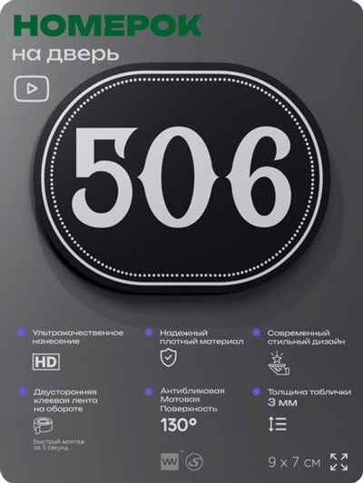 Номерок на дверь квартиры 506, для кабинета, офиса, шильдик 9 х 7 см, черный, Айдентика Технолоджи